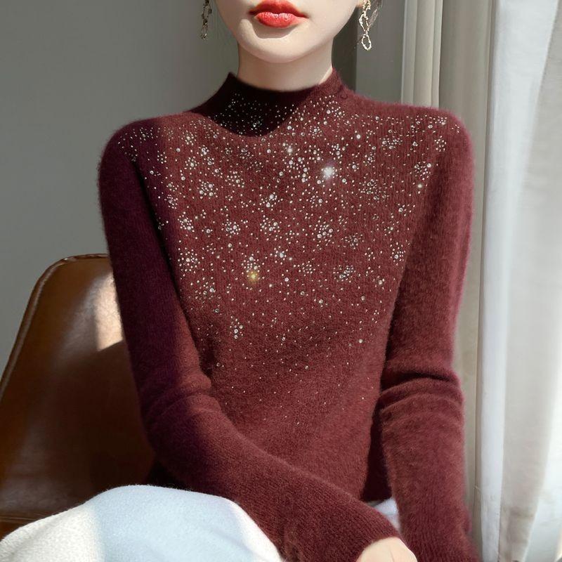 Temperament Hot Diamond Semi-turtleneck Sweater Women's Autumn and Winter New Skinny Long Sleeve Bottom Knitted Sweater Top