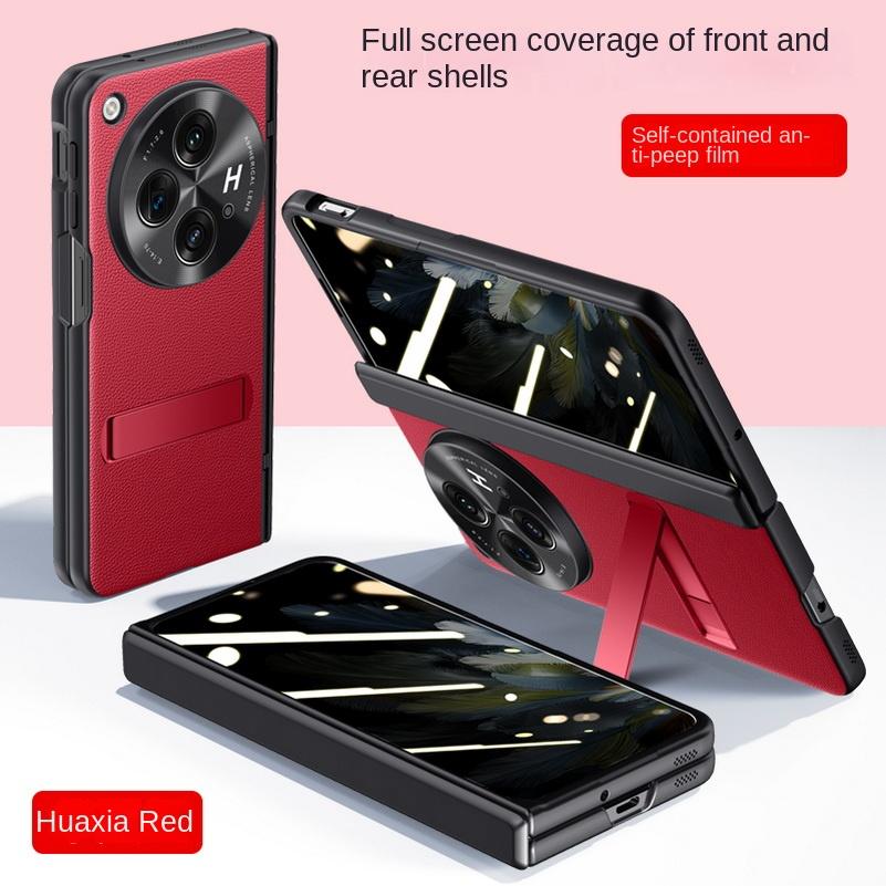 Z osłoną ekranu ze szkła hartowanego z zawiasem sprężynowym do OnePlus Open 1 + Open, etui z uchwytem ze skóry PU, w pełni zakrywające