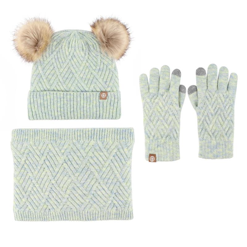 Winter middle-aged and older children's hairball hat, scarf, gloves, three-piece set, plush warm knitted children's gloves