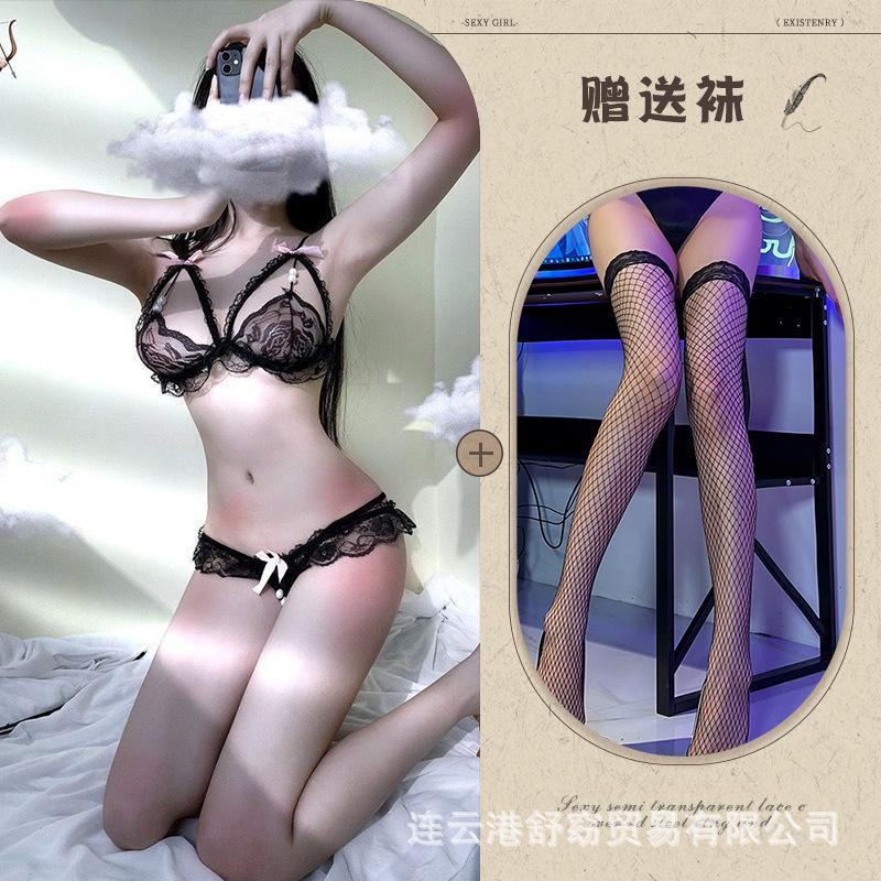 Sex underwear pearl underwear bra temptation transparent polyester women's three-point open crotch milk hair