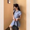 Blue Striped Shirt Dress Women's Summer New Small College Style Waist Pleated Skirt