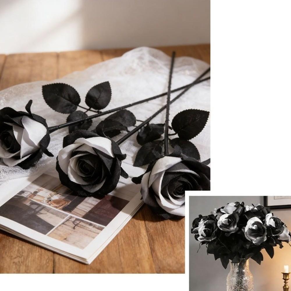 New Black and White Roses Artificial Black Roses Fake Flowers DIY Long Stem with Leaves Cemetery Roses Home Decor Black Bouquet