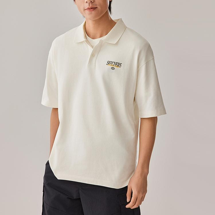Skechers Casual Simple Letter Loose Short Sleeve Polo Shirt Men Tops Cotton-Candy-White L225M086-0074