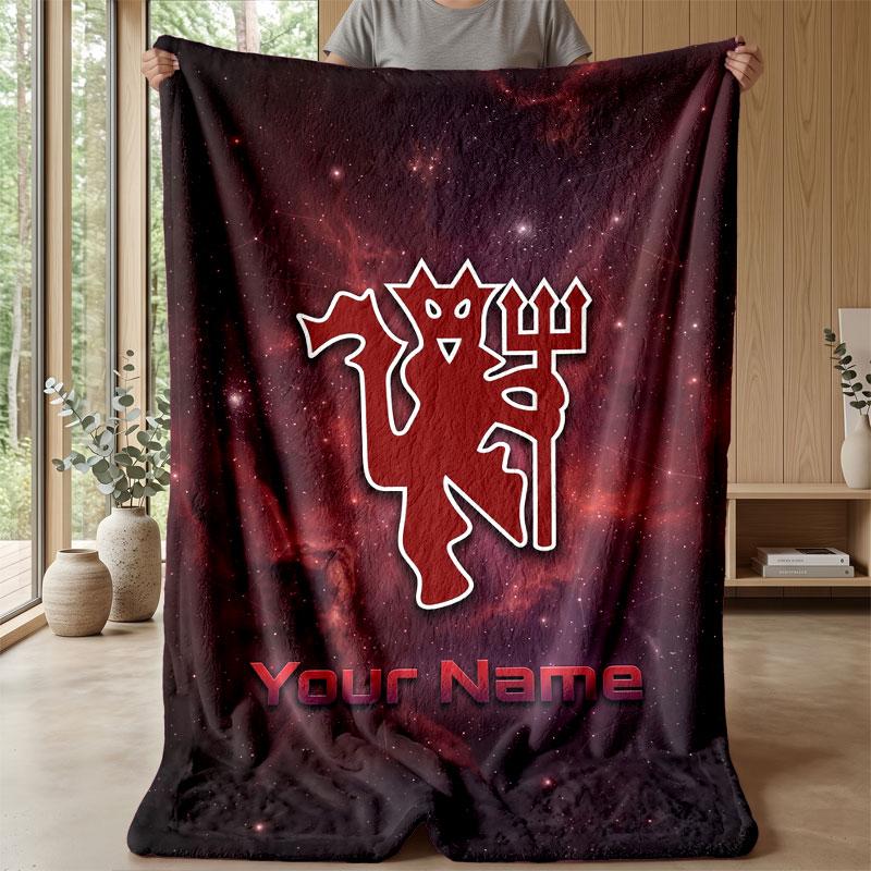 Coperta in Flanella Personalizzata con Nome Testo Manchester United Logo Calcio Plaid in Pile Personalizzato Regalo Speciale per Divano Camera da Letto Casa