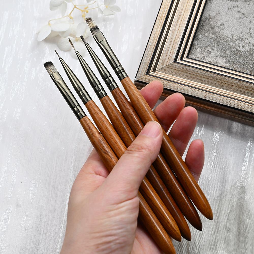 5pcs Wood Handle Acrylic Nail Brush Professional Drawing/Painting/Liner Nail Art Brush Pen 0.7/0.9/1.1/1.2cm UV Gel Nail Brush *