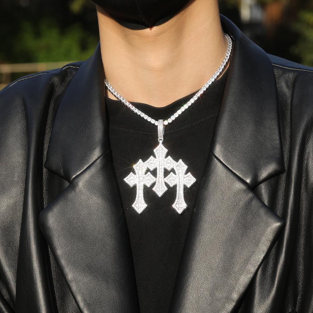 Retro Cross Pendant Men's Necklace with Copper Ladder Square Zirconium
