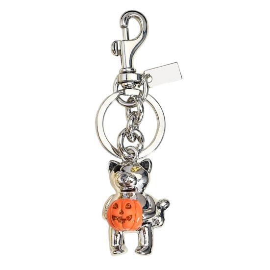 Handbag Decorative Accessory Halloween Cat Holding Pumpkin Keychain, Metal Car Key Ring Holder, Backpack Hanging Decor