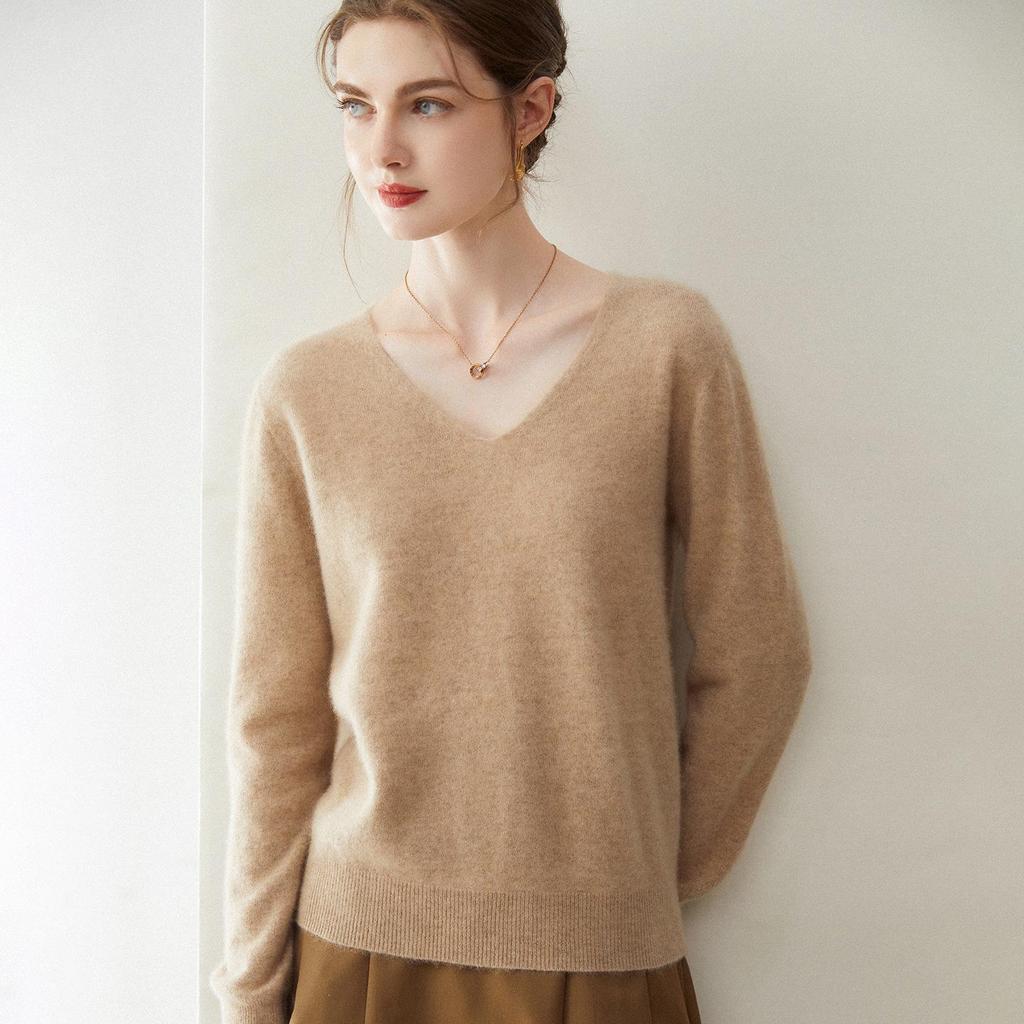 Women's Pure Cashmere V-Neck Pullover Sweater - Knitted, Simple, Versatile Layer