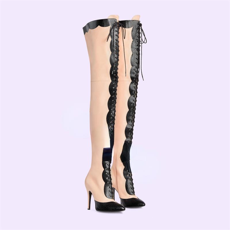 Fashion Women's Pointy Toe Cross Ties High Heel Over The Knee Boots 2025 New Slim Fit Zipper Long Boots Party Mixed Color Lady Shoes 43
