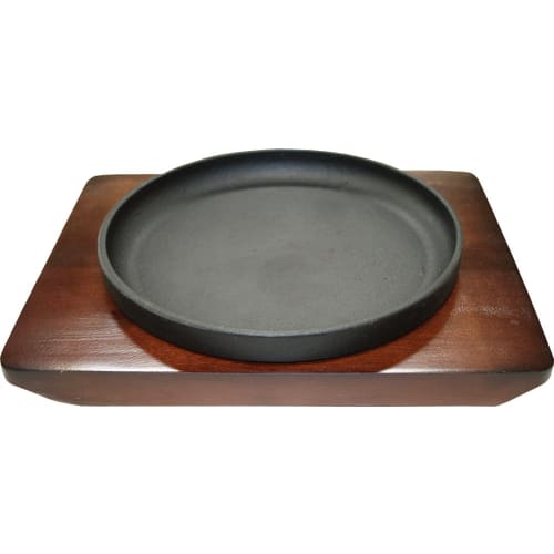 Ikenaga Iron Works Stackable Steak Plate/Grill Pan, Round, 13cm, for Gas Stoves Only, Natural Wood with Wooden Stand, P1005
