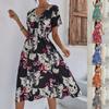 Modisches Damen-Kleid mit V-Ausschnitt, bedrucktem Midirock und elastischer Taille