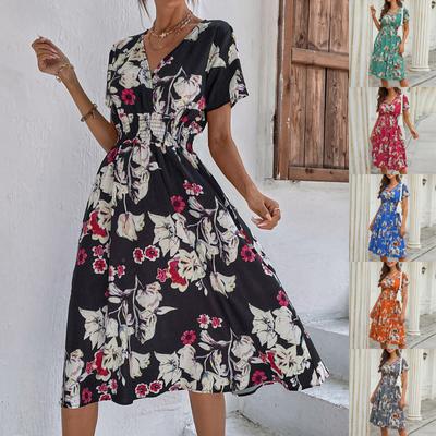 Moda damska Casual V-Neck Spódnica midi z nadrukiem i elastyczną talią