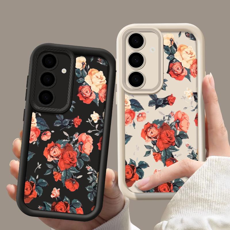 Stoßfeste Hülle mit Vintage-Rose-Blumendruck für Samsung S24 FE S23 Ultra S22 A16 A55 A15 A35 A54 A25 A34 A14, weiche matte TPU-Linsenschutz-Telefonabdeckung