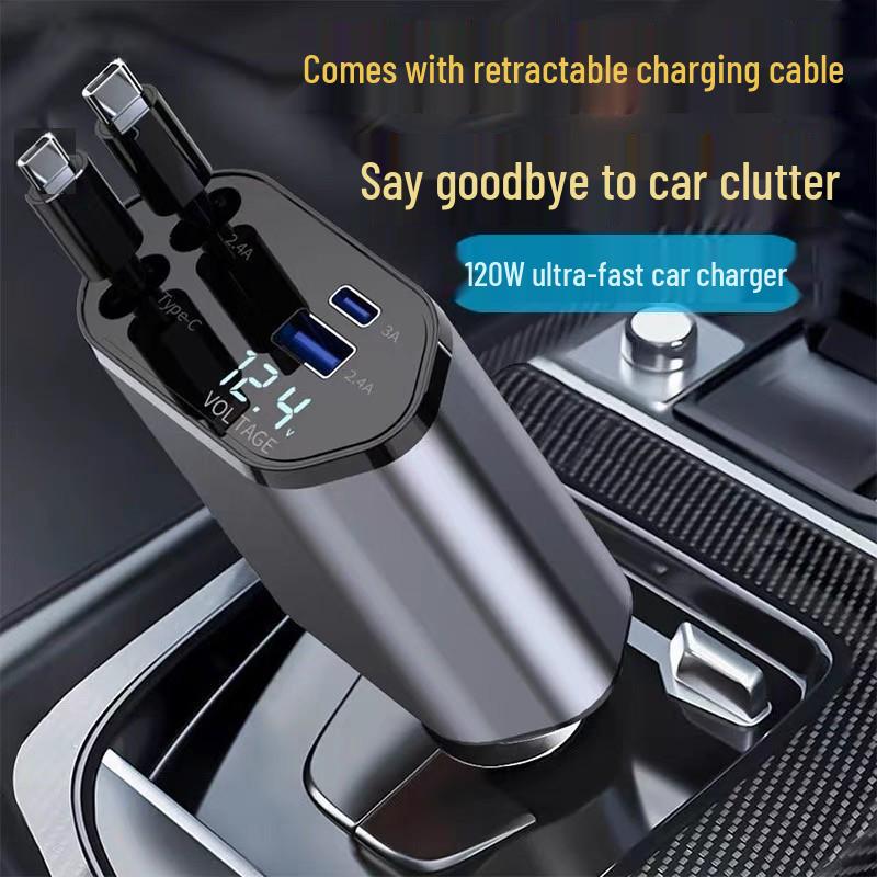 120W Super Fast Telescopic 4-Port Car Charger for Apple 15 & Huawei