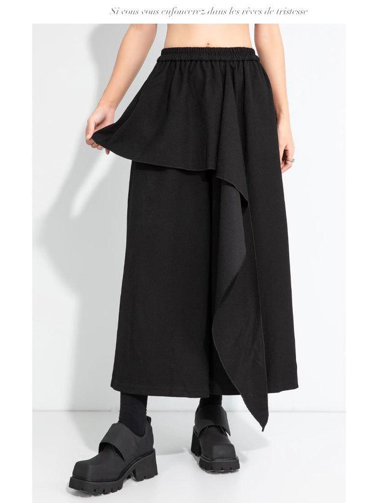 Jesień 2025 Nieregularne Spodnie Spódnicowe o Szerokich Nogawkach Długości 9/10 - Wyszczuplające, Ukrywające Biodra, Jednokolorowe, Plus Size