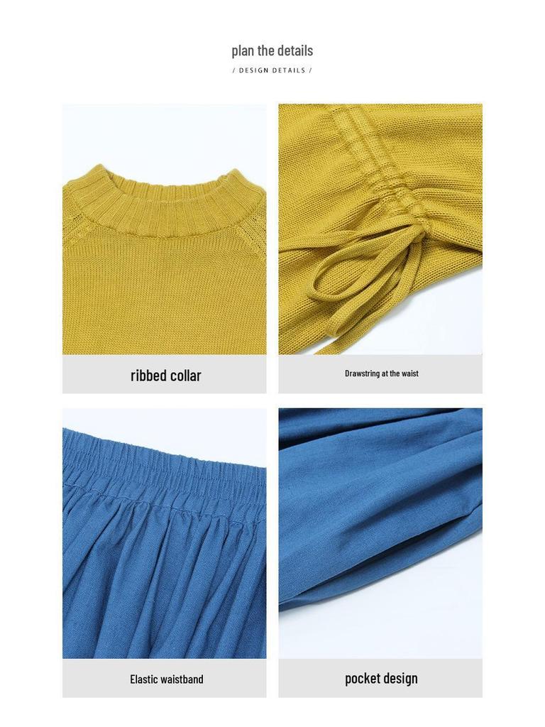 2026 Spring Yellow Knit Top & Blue Skirt Color Block Casual Women's Set