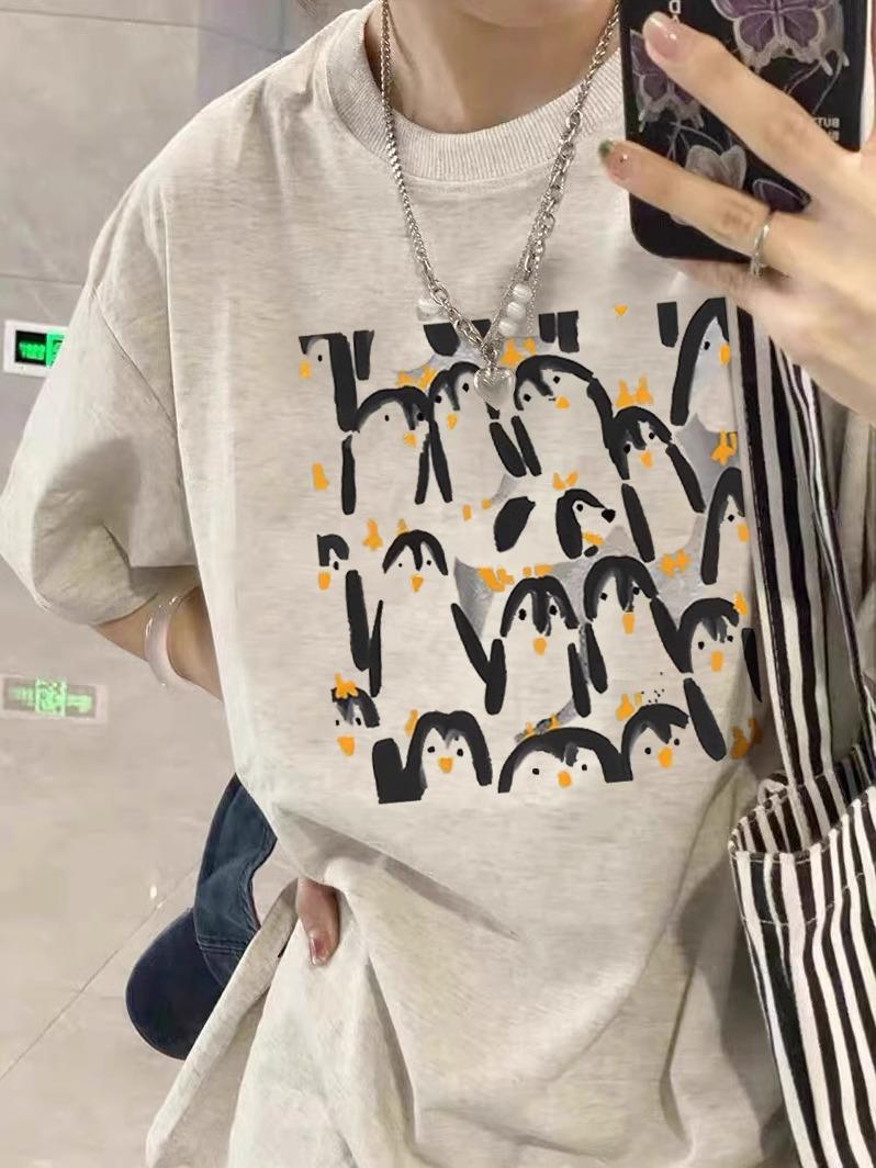 

2025 Women s Summer Retro Penguin Print Loose Cotton T-Shirt L