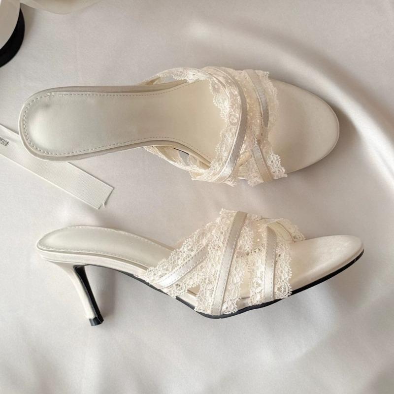 Fashion Fashion Stiletto Cold Drag Women's Fashion Round Toe Open Toe Lace One Strap Anti-Slip Wear-Resistant High Heels