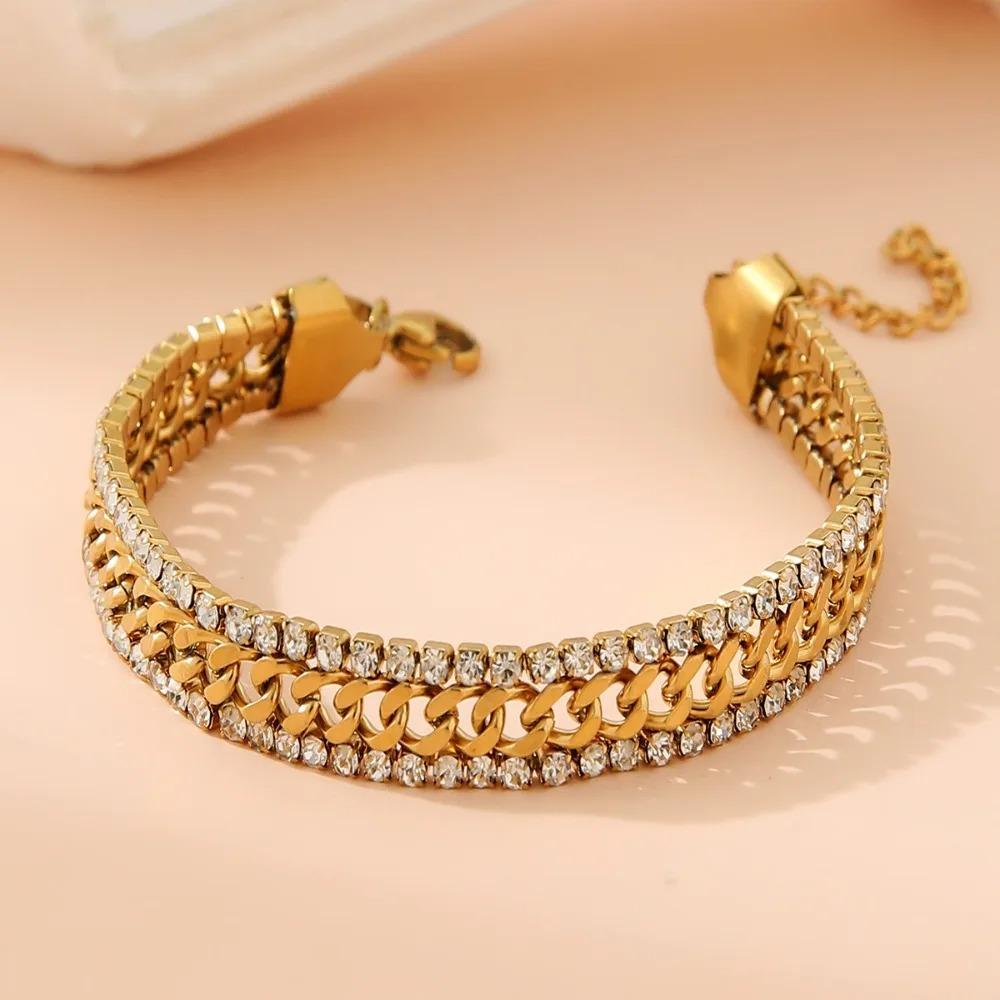 Trend Personality Stainless Steel Gold Color Shining Brightly Double-row Zircon Inlay Adjustable Bracelet for Women Jewelry Gift