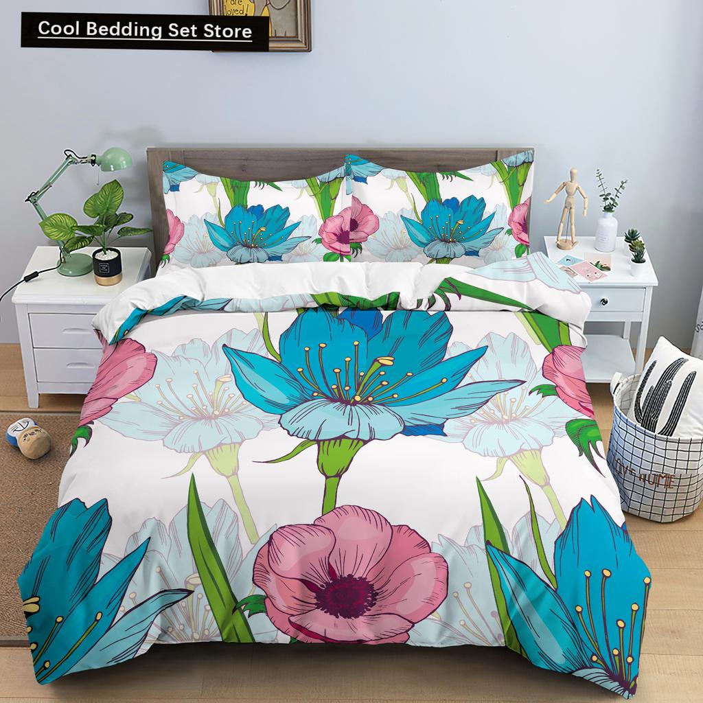 Floral King Queen Duvet Cover Fuchsia White Flower Bedding Set for Girl Women Colorful Plant Leaves 2/3pcs Polyester Quilt Cover
