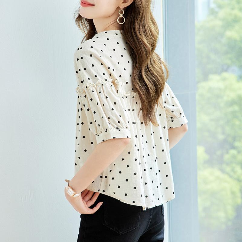 Updated Polka Dot Short-sleeved Top for Women In Summer Updated Puff Sleeve Round Neck Printed Top for Women