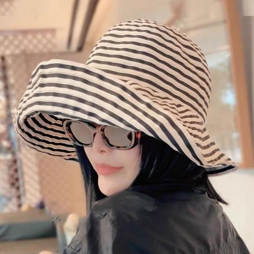 2025Simple Foldable Summer Striped Fisherman's Hat Fashionable Vacation Beach Hat Brimmed Wide G0U7