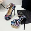 Eilyken Sexy Print Peep Toe Thin High Heels Women Pumps Pole Dancing Ankle Buckle Sandals Shoes