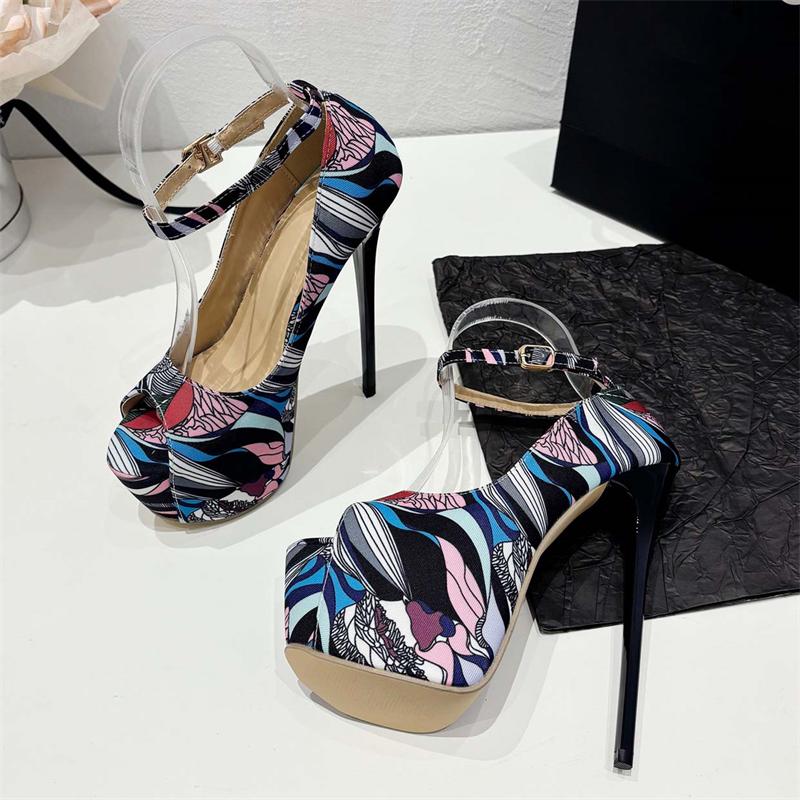 Eilyken Sexy Print Peep Toe Thin High Heels Women Pumps Pole Dancing Ankle Buckle Sandals Shoes