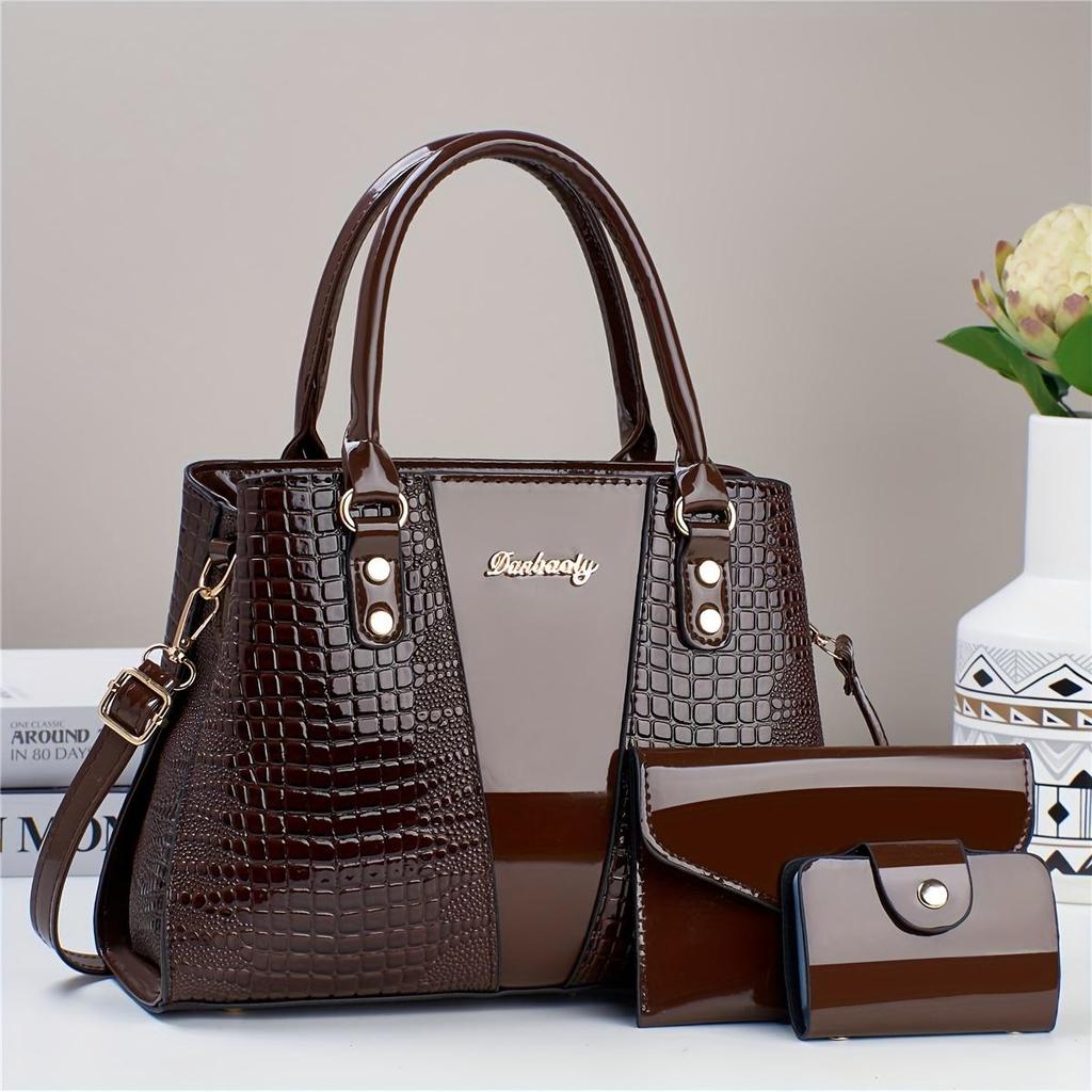 3-teiliges Elegantes PU Handtaschen-Set, Krokodilmuster Große Kapazität Umhängetasche mit Münzfach und Kartenhalter, Geprägte Tragetasche