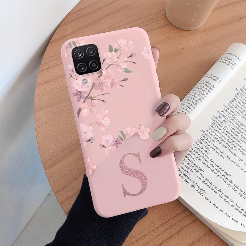 Pink Flower Case For Samsung Galaxy A12 5G M12 F12 Phone Cover Soft Silicone Initial Letter Fashion Shell Coque For Samsung A 12