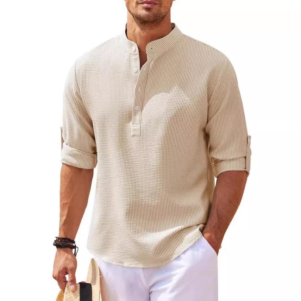 Men's Long Sleeved Stand Up Collar Plaid Casual Shirt