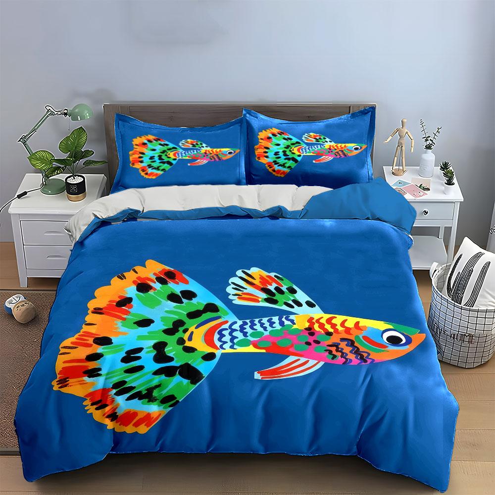 Buntes Fisch-Kunstdekor Trio Weiche Bequeme Bettbezug-Bettwäsche-Set Enthalten 1*Bettbezug & 2*Kissenbezüge, Geschenk