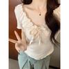 Milky Apricot V-neck Women's Short-Sleeve Cropped Top with Tie Bowknot and Wood Ear Edge.