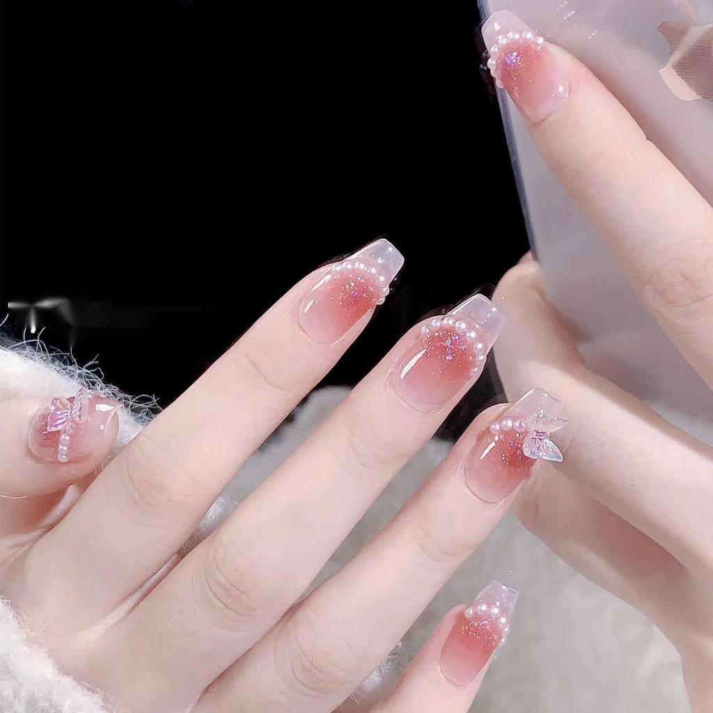 Simple French Gradient Detachable Press-On Nails: Short, Whitening False Nail Tips.