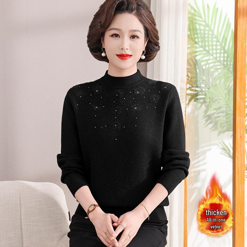 Mom's Velvet One-Piece Winter Base Layer Top for Middle-Aged & Elderly Women - Warm, Plus Velvet, Thick Knit