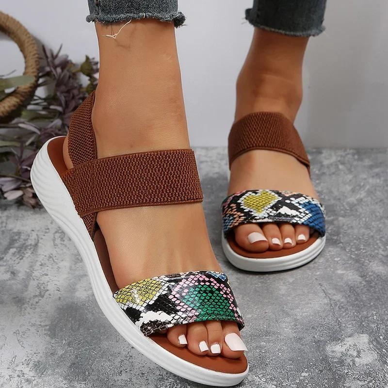 Fashion Snakeskin Print Wedge Sandals for Women Summer 2025 Fashion Non Slip Beach Shoes Woman Lightweight Causal Sports Sandalias Mujer