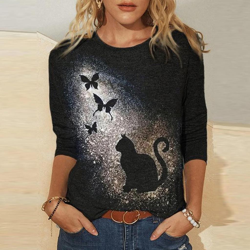 Women's Knitted Long Sleeve Animal Print Round Neck T-Shirt, European and American Style, 2023.