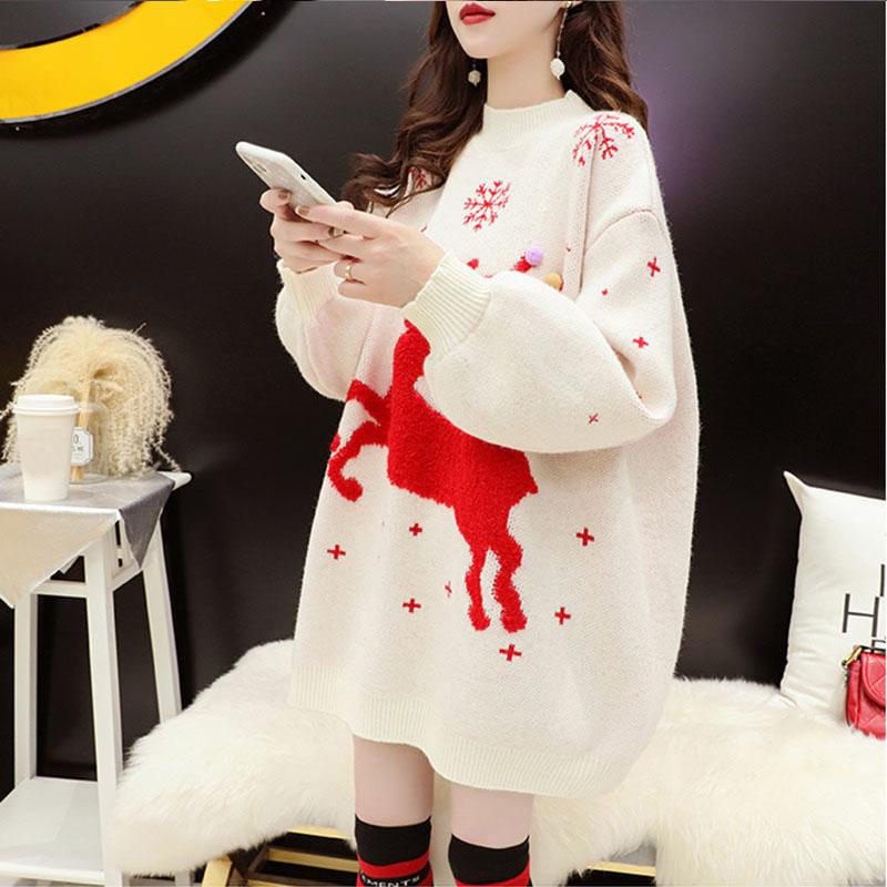 Pulovr Deer Red Christmas Women Středně dlouhý svetr 2023 podzim/zima Ležérní volný úplet O výstřih svetr s dlouhým rukávem Žena