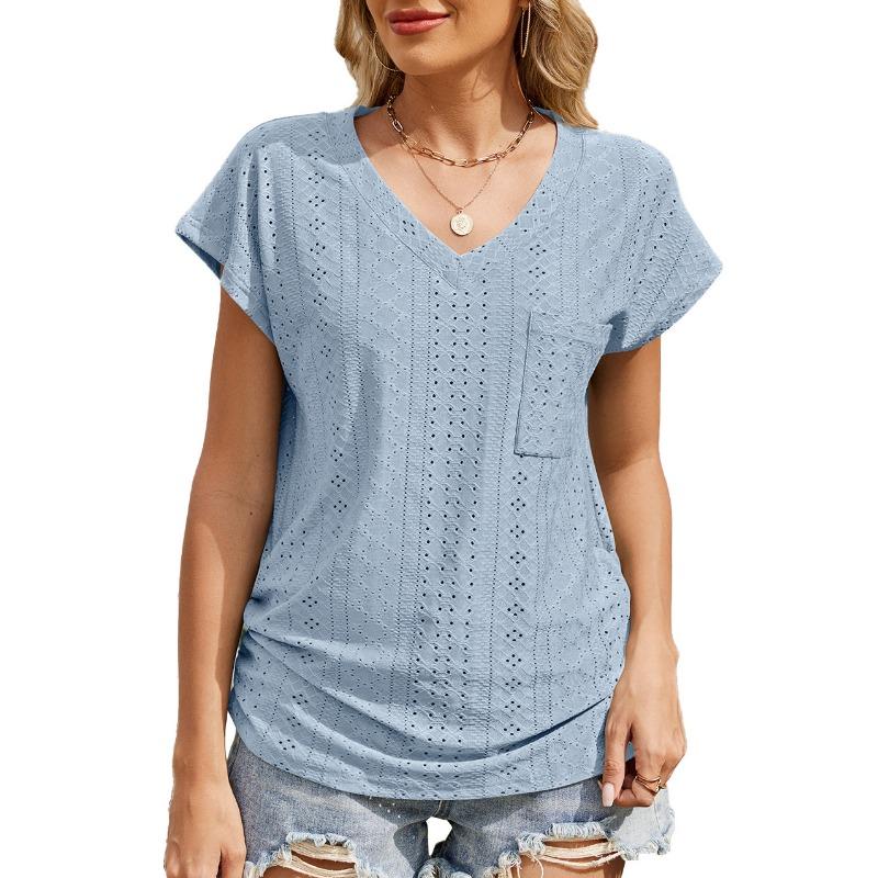Women's Spring/summer Solid Color V-neck Pocket Short-sleeved T-shirt Top