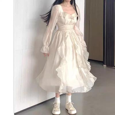 Elegant Solid Ruffles Fairy Dresses Korean Fashion Slim Wasit A Line Midi Dress Spring Summer Women Princess Party