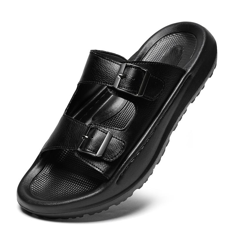 Fashion New Arrival Men's Casual Leather Slippers Sandals Adjustable Straps Half Drag Summer Slides Non-Slip Sole Male Wading Aqua Shoes