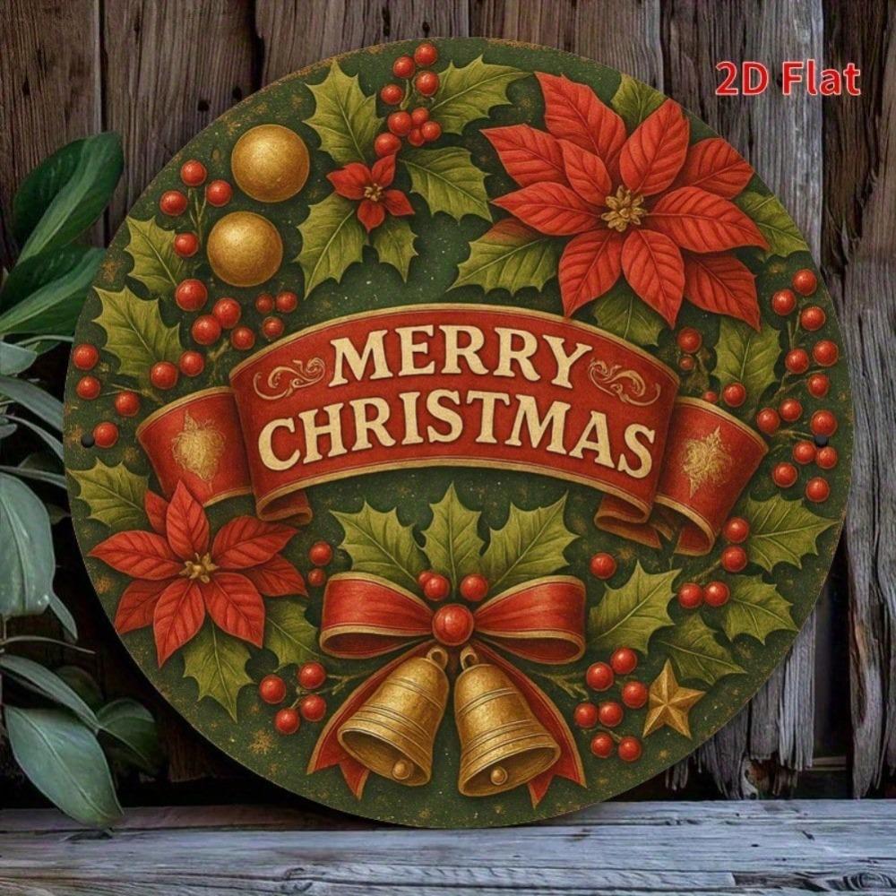 Vintage Christmas Wreath Metal Wall Art Festive Poinsettias Bells Ribbon Gift Home Decor Kitchen Holiday Office Garden
