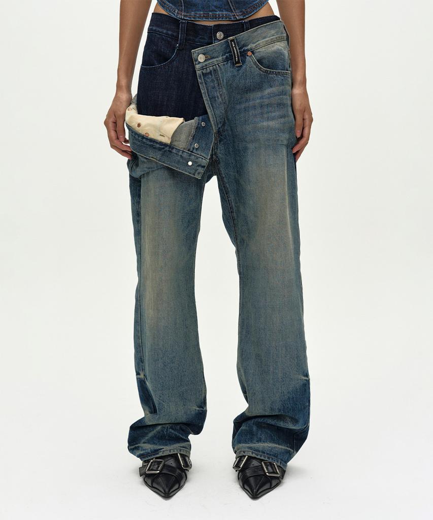 ADSB ANDERSSON BELL Unisex Asymmetric Layered Wide-Leg Jeans Apa871U(Blue)
