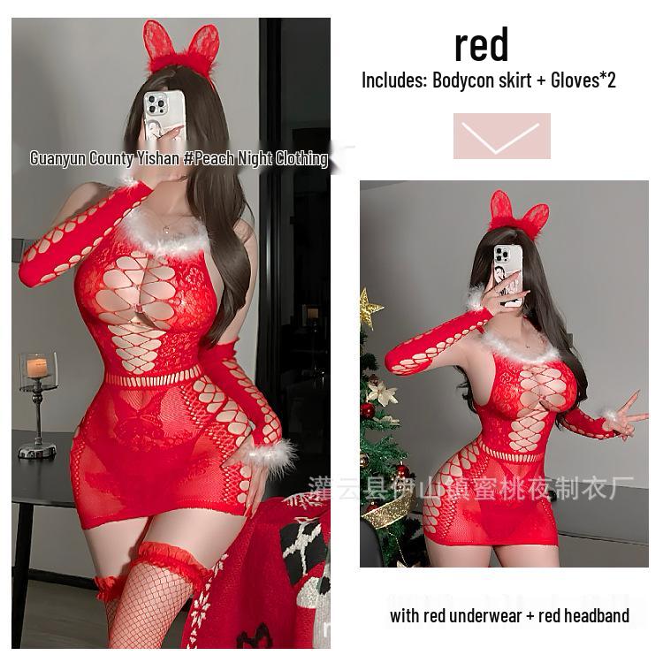 Sexy Red Mesh Cutout Dress Lingerie for Romantic Holidays