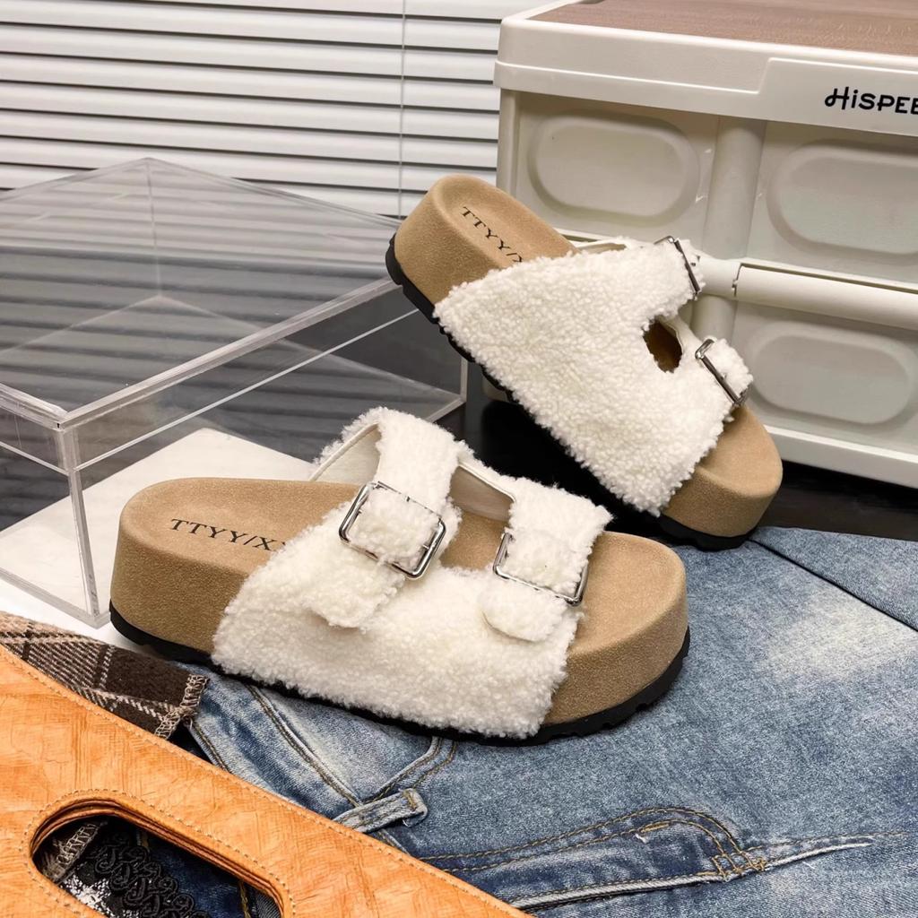 Spring and Autumn New Wool Slippers Women's Cork Slippers Casual One-Word Slippers Women's Summer Outer Wear Fluffy Slippers Women