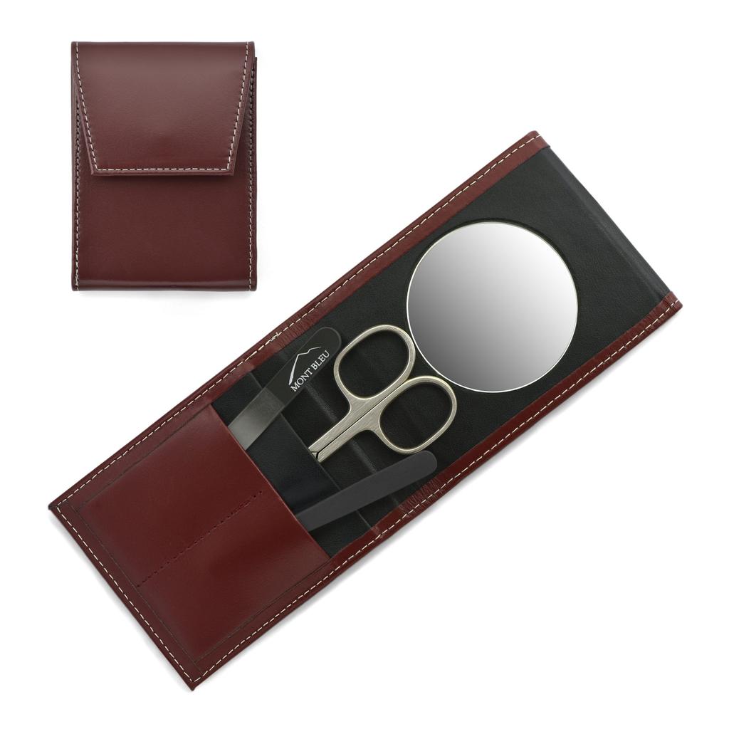 Mont Bleu 3-piece Manicure Set In a Premium Red Leather Case with Mirror & Crystal Nail File