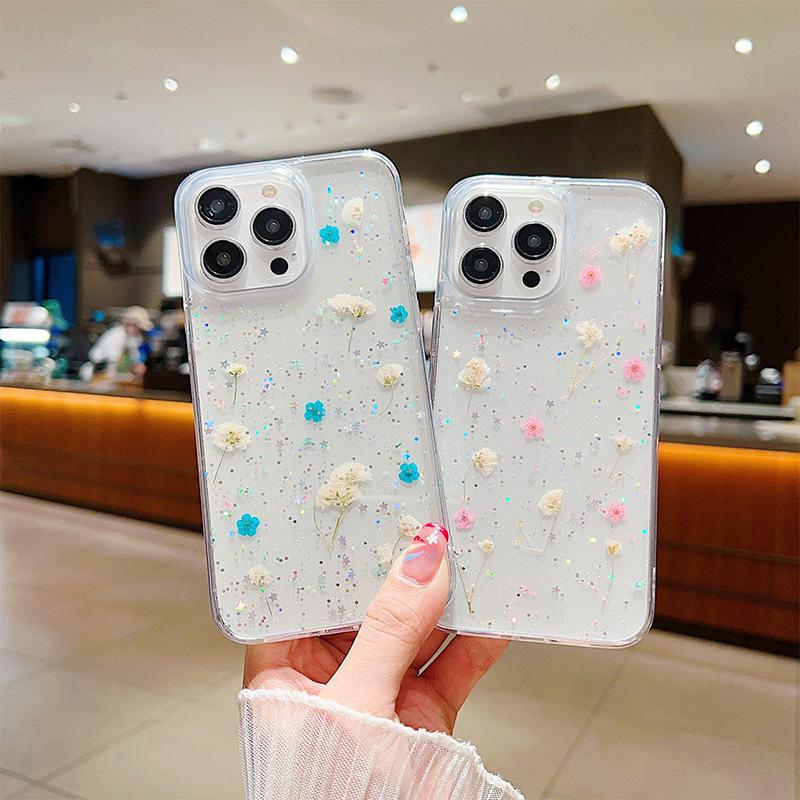 Real Flower Glue Phone Case for IPhone17promax Glitter for Apple 16pro Japanese Ins Small Fresh 15