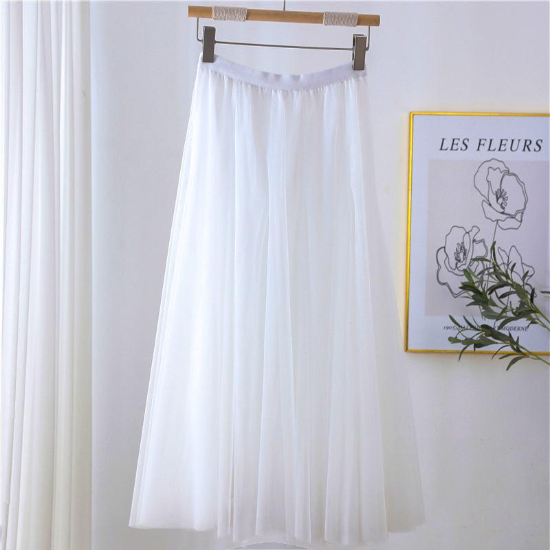 Qooth Women's Slim Skirt Mid Length Gauze Skirt Summer Simple Casual Skirt Fashion Full Dance Skirt QT2588