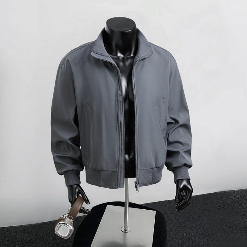 Men s Beige Stand Collar Bomber Jacket Zip-Up Casual Windbreaker with Ribbed Cuffs S серый