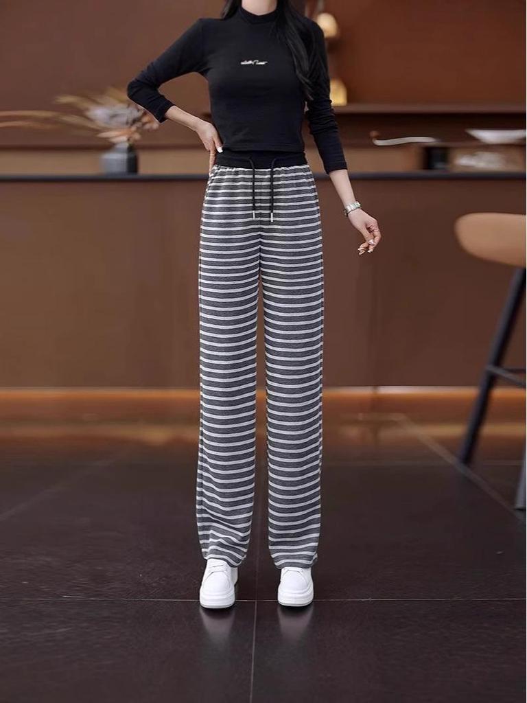 Women's Striped Elastic Waist Wide-Leg Knitted Pants, Slim-Fit Casual, Spring/Autumn 2025.